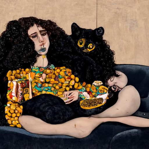 depressed curly brunette petite eating obleas and arequipe on a couch with her black cat puking on her lap in the style of klimt