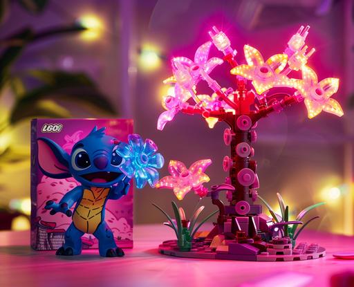 Lego set box with a pink lily flower on it, next to the lego product is the stitch character from the disney movie Lilo & Stitch in a neon light costume holding two flowers and standing near an impressive pink tree made of Lego. The scene has a magenta background, soft lighting and is illuminated in the style of a spotlight. --ar 16:13
