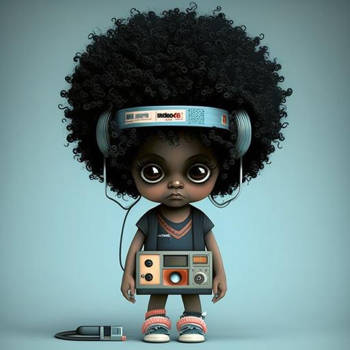 fictional character, Michael Tape is cute monster 80s tape cassette shaped, black afro hair made by tape, wearing cool 80s dress