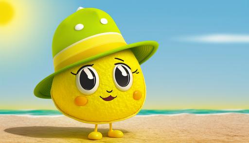 Lemon sprite cartoon character in adventure hat, memorable and cute, The character is a bright yellow lemon sprite with an infectious laugh and twinkling eyes, wearing a distinct adventure hat, The character is set against an oceanic backdrop, with the sun setting over the sparkling water, The scene is calm and serene, contrasting with the sprite's energetic personality, Photography, The scene is captured with a macro lens, focusing on the character with a blurred, bokeh background, --ar 16:9 --v 4