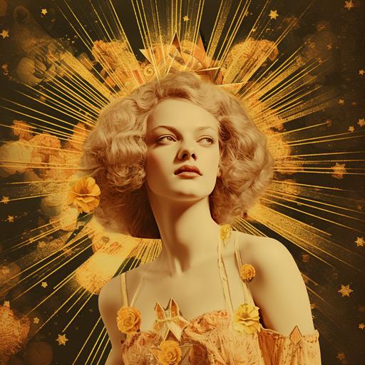 Leo, shining sun, collage, golden crown, artistic illustration, vintage style