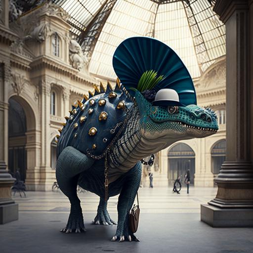 dinosauria con accesorios de moda buchona en paris