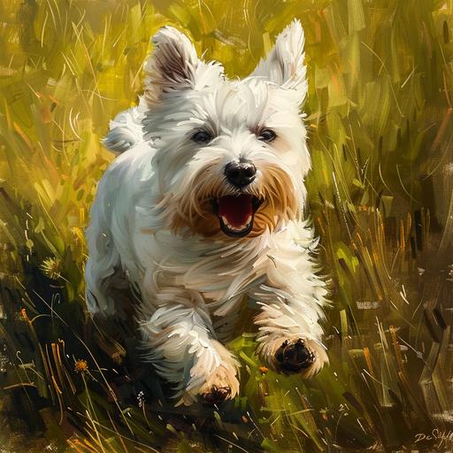 Leonardo Da Vinci painting style Westie dog running in a field of green grass happy