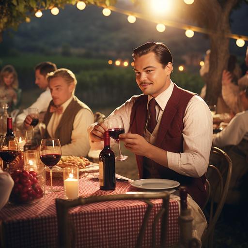 Leonardo Di Caprio dressed like Gatsby with friends in a guinguette party with tables with red checkered tablecloths, cheese and red wine, and light string in the countryside