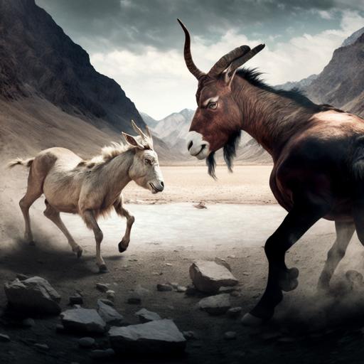 a goat fighting against a donkey in a valley