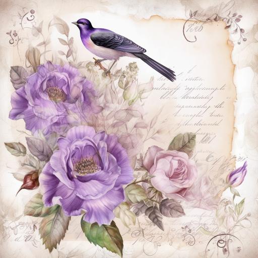 Letter, rococo style, purple flower, little birds with mauve touches, watercolor drawing, lightness, airiness, wedding invitation, postcard, postage stamp, academic drawing, aristocratic style --v 5