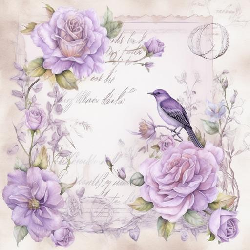 Letter, rococo style, purple flower, little birds with mauve touches, watercolor drawing, lightness, airiness, wedding invitation, postcard, postage stamp, academic drawing, aristocratic style --v 5
