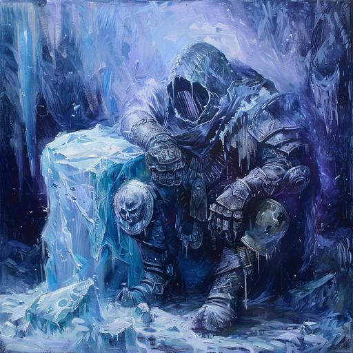 Levistus the prince of Stygia, frozen in a block of ice, dungeons an dragons, oil painting style