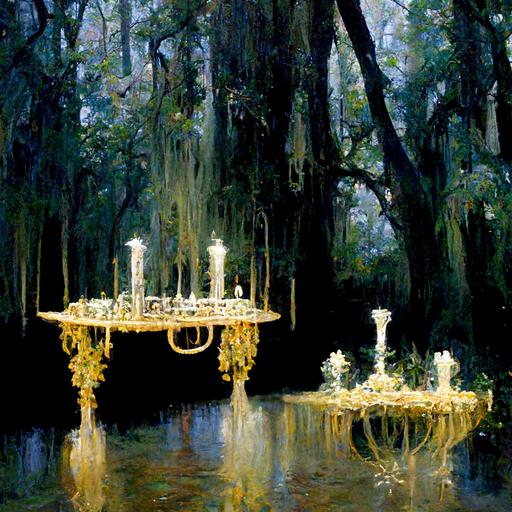 Liberace candelabra on grand piano in swamp with spanish moss hanging from trees