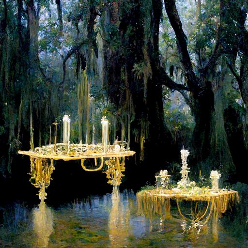 Liberace candelabra on grand piano in swamp with spanish moss hanging from trees