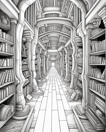 Library aisle between packed towering dark wood bookshelves whimsical coloring page, black and white, no shading, no grey, thin lines --ar 4:5