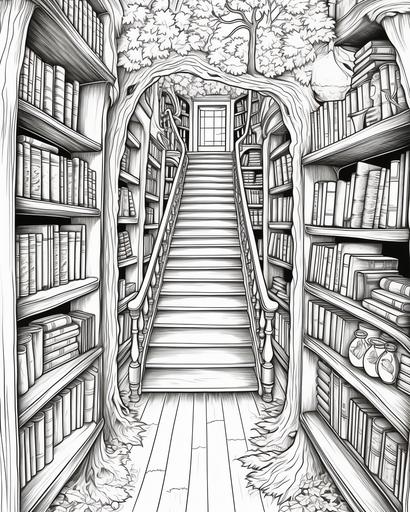 Library aisle between packed towering dark wood bookshelves whimsical coloring page, black and white, no shading, no grey, thin lines --ar 4:5