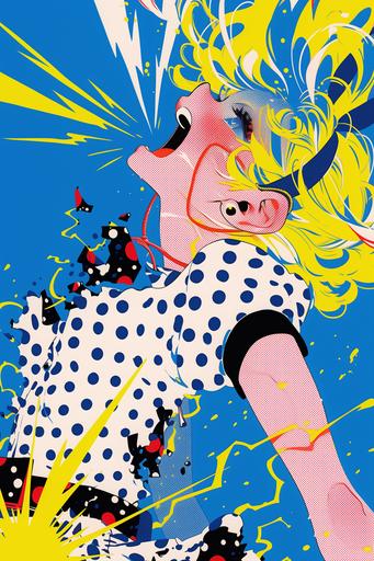 Lichtenstein style, coloring with dots, Fujio Akatsuka character with terminal enlargement, gag cartoon, complex effect lines, careful line drawing, sportsman girl, ridiculous composition, explosive image --ar 2:3 --niji 6 --s 750 --style raw