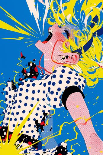 Lichtenstein style, coloring with dots, Fujio Akatsuka character with terminal enlargement, gag cartoon, complex effect lines, careful line drawing, sportsman girl, ridiculous composition, explosive image --ar 2:3 --niji 6 --s 750 --style raw