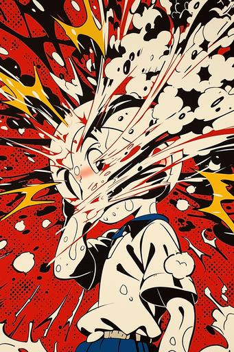 Lichtenstein style, coloring with dots, Fujio Akatsuka character with enlarged end, gag cartoon, complex effect lines, careful line drawing, sportsman boy, silly composition, explosive image --ar 2:3 --niji 6 --s 750 --style raw