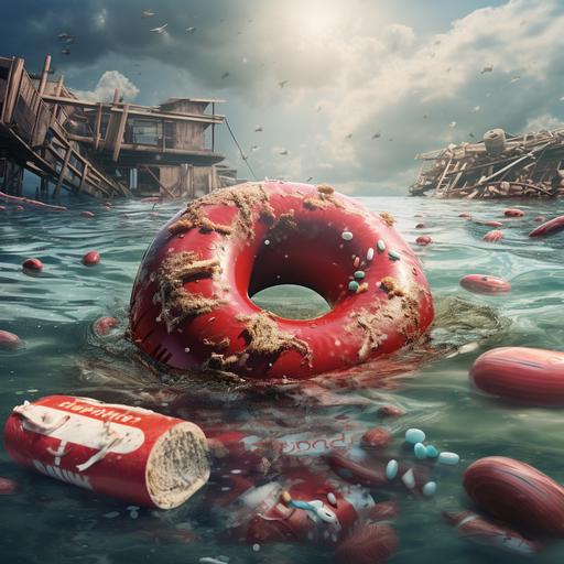 Lifebuoy floating on disgusting trash