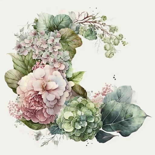 Light Watercolor c shape Flower arrangment with pink camellia flowers, white Oak-leaf hydrangea, multiple flowers, light green leafs, little white flowers around, no background, white background, high quality, highly detailed. --v 4 --s 750