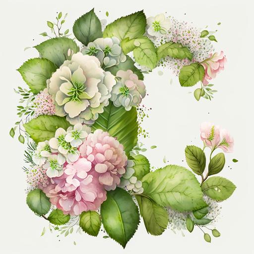 Light Watercolor c shape Flower arrangment with pink camellia flowers, white Oak-leaf hydrangea, multiple flowers, light green leafs, little white flowers around, no background, white background, high quality, highly detailed. --v 4 --s 750