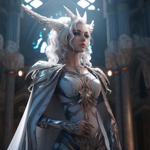 Light blue female tiefling, white hair, tiara with purpel rubis, dressed in old gray robes, stand in hell temple, ray tracing, dark magic power, full length epic portrait, epic portrait, photo realistic, hyper realistic, mystical light, cinematic lighting, dramatic, insanely detailed, background temple, Dynamic pose