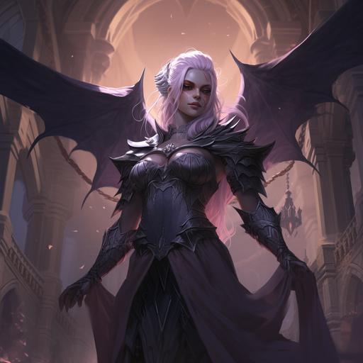 Light purple female tiefling,dark fairy, cursed, evil fairy, snake legs, snake legs, white hair, tiara with purpel rubis, bats wing in his back, dressed in old gray robes, stand in dark castel, ray tracing, dark magic power, full length epic portrait, games charactere, little nightmare charactere, mystical light, cinematic games lighting, dramatic, insanely detailed, background temple, Dynamic pose, style games of littles nightmare, boss games, litlle nightmare charactere, inspire by mélusine the fairy