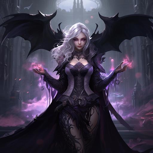 Light purple female tiefling,dark fairy, cursed, evil fairy, snake legs, snake legs, white hair, tiara with purpel rubis, bats wing in his back, dressed in old gray robes, stand in dark castel, ray tracing, dark magic power, full length epic portrait, games charactere, little nightmare charactere, mystical light, cinematic games lighting, dramatic, insanely detailed, background temple, Dynamic pose, style games of littles nightmare, boss games, litlle nightmare charactere, inspire by mélusine the fairy