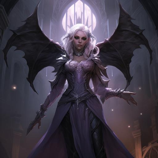 Light purple female tiefling,dark fairy, cursed, evil fairy, snake legs, snake legs, white hair, tiara with purpel rubis, bats wing in his back, dressed in old gray robes, stand in dark castel, ray tracing, dark magic power, full length epic portrait, games charactere, little nightmare charactere, mystical light, cinematic games lighting, dramatic, insanely detailed, background temple, Dynamic pose, style games of littles nightmare, boss games, litlle nightmare charactere, inspire by mélusine the fairy