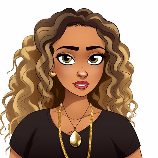 Light skinned Cuban female cartoon character with long curly brown hair and blonde highlights wearing a gold evil eye necklace and black v neck shirt and shiny diamond earings --v 5 --s 50