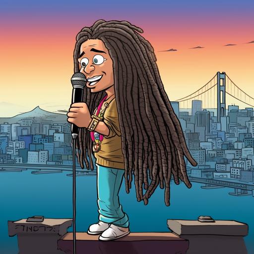 Light skinned, Latino cartoon character with long dreadlocks hairdo holding a microphone with San Francisco cityscape in the background --v 5 --s 50