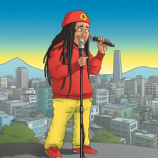 Light skinned handsome Latino cartoon character wearing a red hoodie with yellow pants and green shirt with long dreadlocks hairdo holding a microphone with San Francisco cityscape in the background --v 5 --s 50