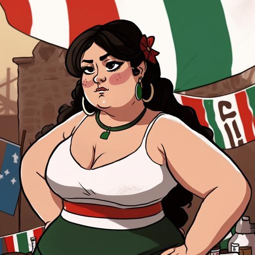 Lighter skinned Mexican woman, black collar length hair, light brown eyes , plus size, chubby face, bright background, mexican flag colors, donkey in the background , anime style