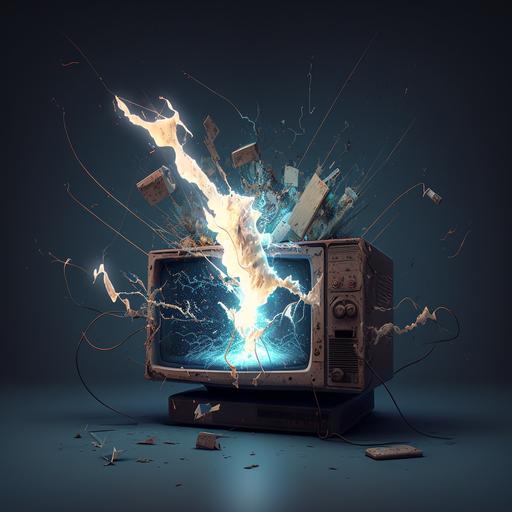 Lightning sparks criciling around an old television, the television displaing static, and some paper sheets flying around it