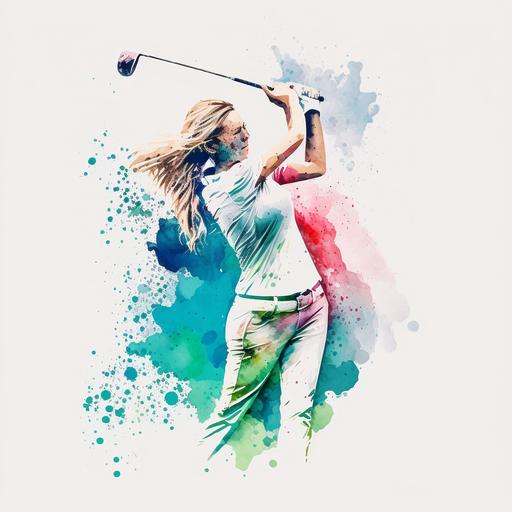 Like a watercolor. Golf swing. No background. Sensibly. woman