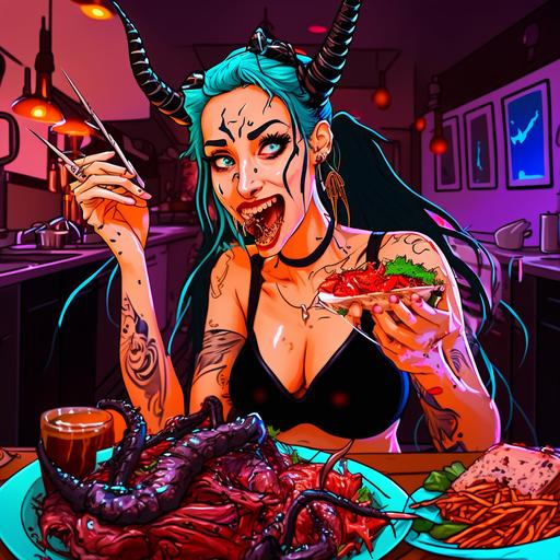 Lilith the demoness youtuber doing a seafood mukbang video, buji demoness, glamour and messy fingers, long nails, 8k --s 250