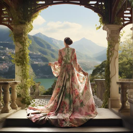 Lilly Queen of Galoria decked in extravagant sartorial floral decoupage robes, set in the stone pergola overlooking a verdant valley and a stone capped mountain peaks, cinematic wide shot --s 50