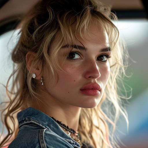 Lily James in the movie Baby Driver, played by a 1995 Pamela Anderson in a biographical movie, movie still, correct makeup, correct hair color, correct skin tone, correct costume design, correct hairstyle, action shot, cinematic, upscaled to 8k, award - winning cinematography, award - winning photography. The appearance of the face in the picture is extremely detailed and looks exactly like the real 1995 Pamela Anderson. --v 6.0