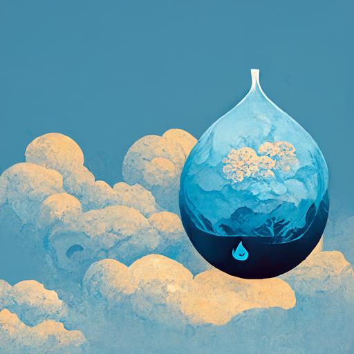 large drop of water contains melting globe, cloud cutouts, blue color, illustrator style