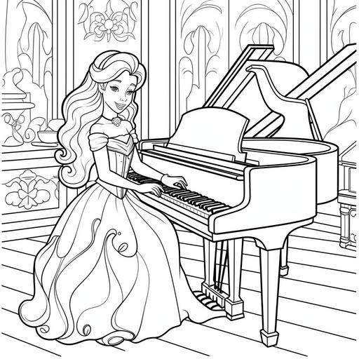 coloring page for kids, pricess play piano, cartoon style, trick lines, lowdetail, no shading