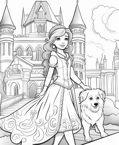 coloring page for kids, princess with her dog, little, in the castle, cartoon style, tick lines, low detail, no shading --ar 9:11