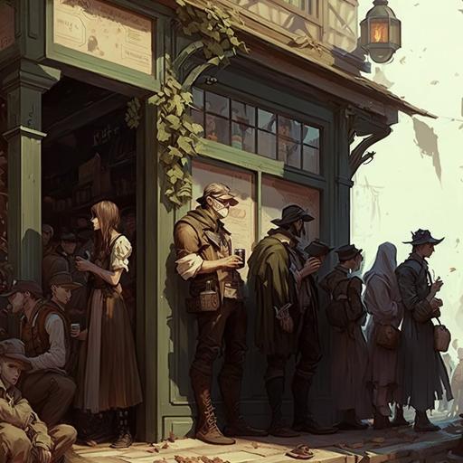 Line of sick people outiside of an alchemy shop, waiting and angry, fantasy, dnd, western, ivy covered two story shop