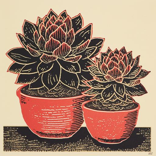 Linocut block print of two succulents in clay vases