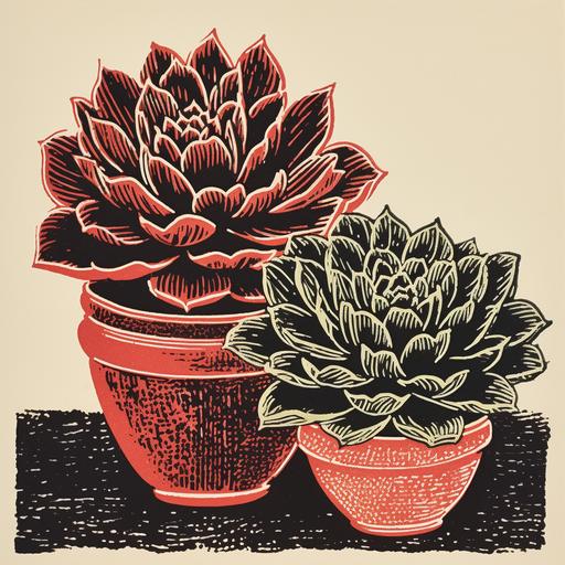 Linocut block print of two succulents in clay vases