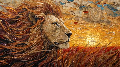 Lion Portrait with Gemstone Mane in Savannah Landscape: Picture a computer wallpaper featuring a lion, symbolizing strength and royalty, with its mane rendered in stunningly realistic gemstones, against an amphibian-influenced savannah landscape. The lion's mane, made up of golden topazes and amber, contrasts beautifully with the batik-painted savannah at twilight. The amphibian motifs subtly present in the background add a unique touch to the traditional savannah scene, enhancing the mixed-media painting's depth and realism. The gemstones catch the light, adding a three-dimensional quality to the lion's majestic appearance. Prompt created by MegUSN1, M A Aguilar --ar 16:9 --v 6.0 --s 250 --style raw
