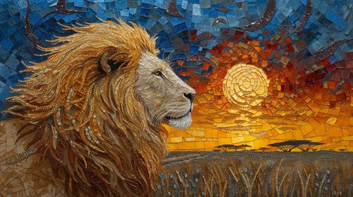 Lion Portrait with Gemstone Mane in Savannah Landscape: Picture a computer wallpaper featuring a lion, symbolizing strength and royalty, with its mane rendered in stunningly realistic gemstones, against an amphibian-influenced savannah landscape. The lion's mane, made up of golden topazes and amber, contrasts beautifully with the batik-painted savannah at twilight. The amphibian motifs subtly present in the background add a unique touch to the traditional savannah scene, enhancing the mixed-media painting's depth and realism. The gemstones catch the light, adding a three-dimensional quality to the lion's majestic appearance. Prompt created by MegUSN1, M A Aguilar --ar 16:9 --v 6.0 --s 250 --style raw