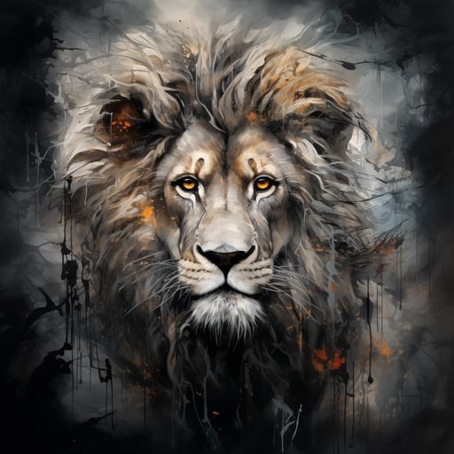 Lion portrait painted with brushes, gray tones, traces of paint, ultra-detailed image, dark background, abstract surreal painting