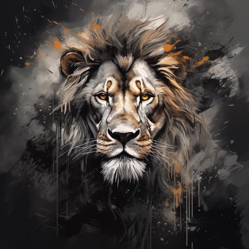 Lion portrait painted with brushes, gray tones, traces of paint, ultra-detailed image, dark background, abstract surreal painting