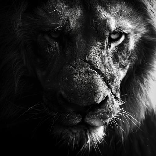 Lion with scar, portrait, black and white, realistic, dynamic lighting, smooth shading, high definition --v 6.0