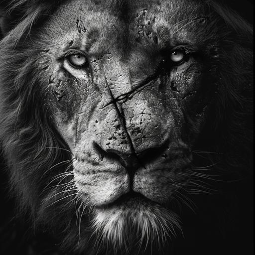 Lion with scar, portrait, black and white, realistic, dynamic lighting, smooth shading, high definition --v 6.0