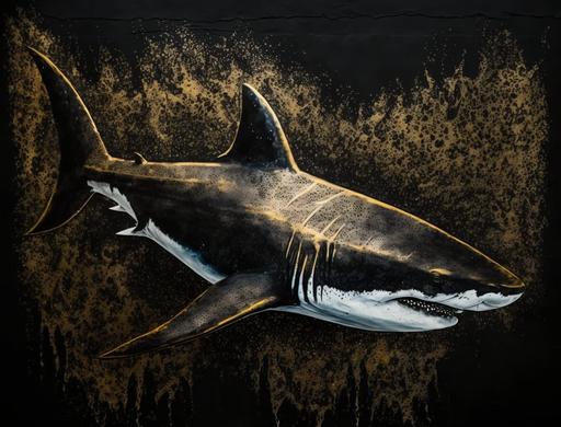 gyotaku great white shark, gold and vantablack --ar 4:3 --q 2