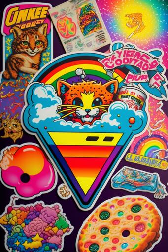 Lisa Frank sticker collage, nostalgic 90s aesthetic, many stickers --ar 2:3 --q 2