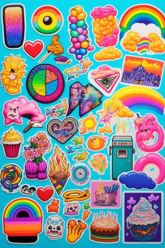 Lisa Frank sticker collage, nostalgic 90s aesthetic, many stickers --ar 2:3 --q 2